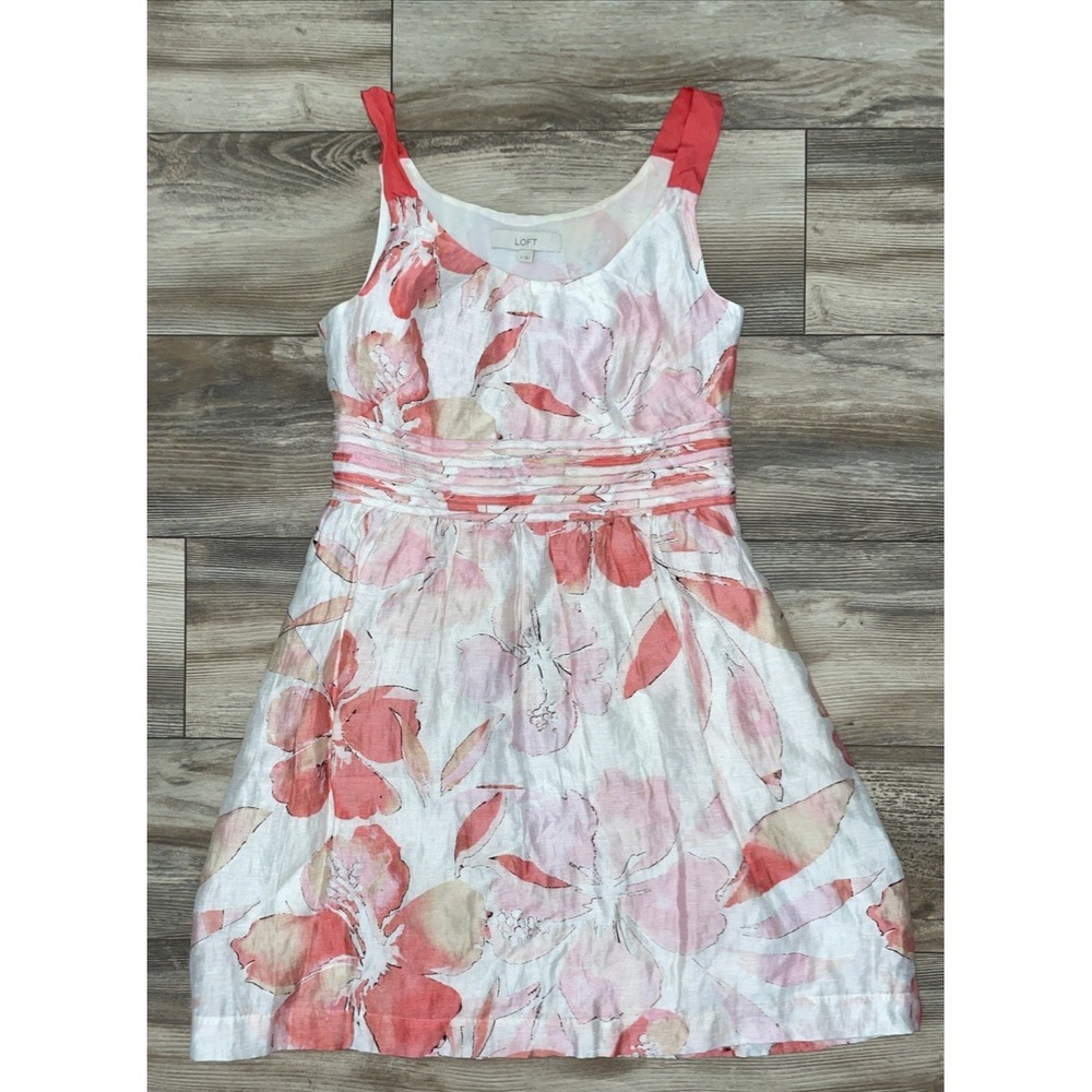 Ann Taylor LOFT Pink Floral Linen Blend Sleeveless A-Line Dress Size 4